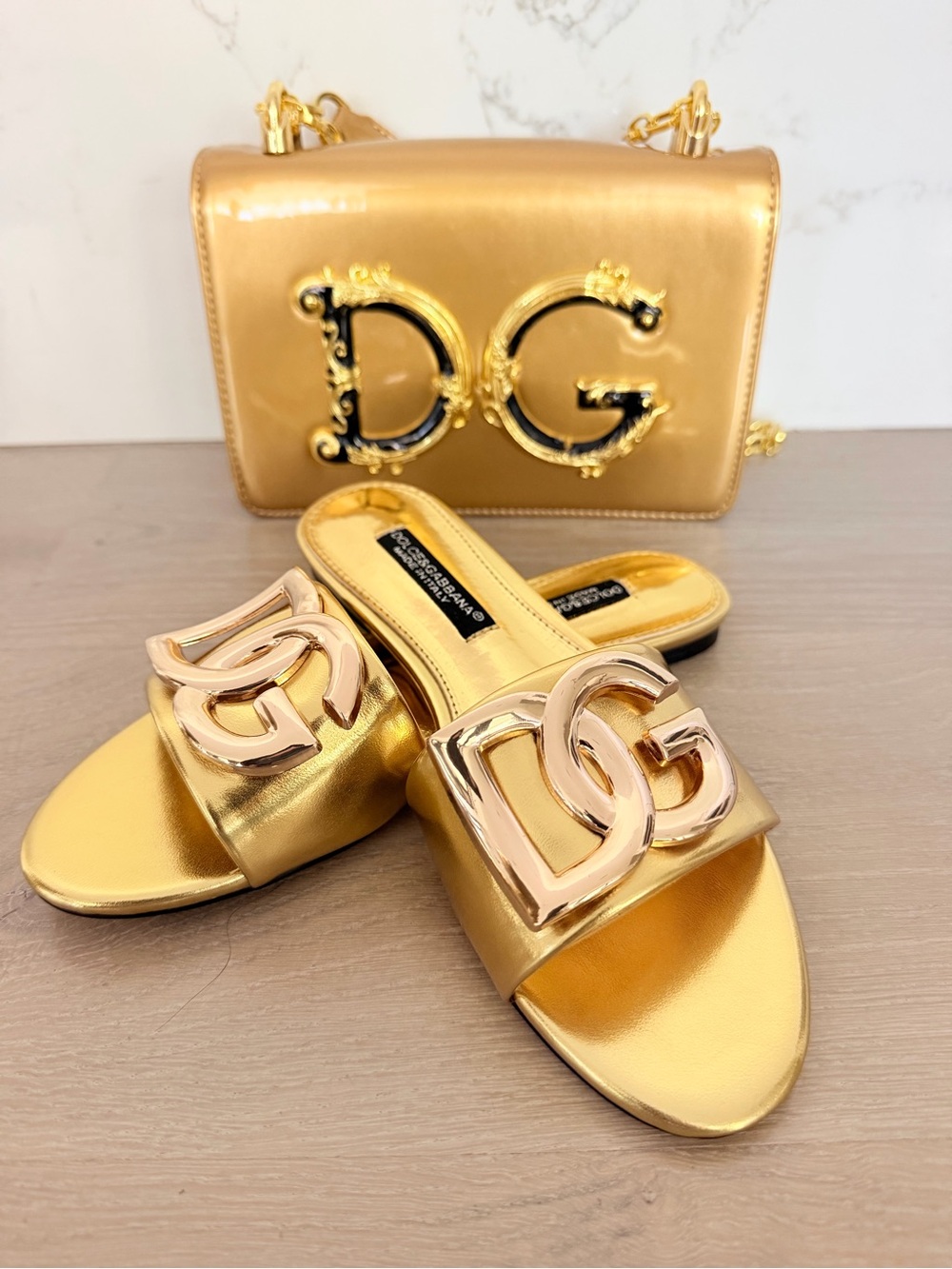 Metallic Gold Patent DG-Emblem Shoulder Bag with Matching Slides size 6 - Picture 11 of 16
